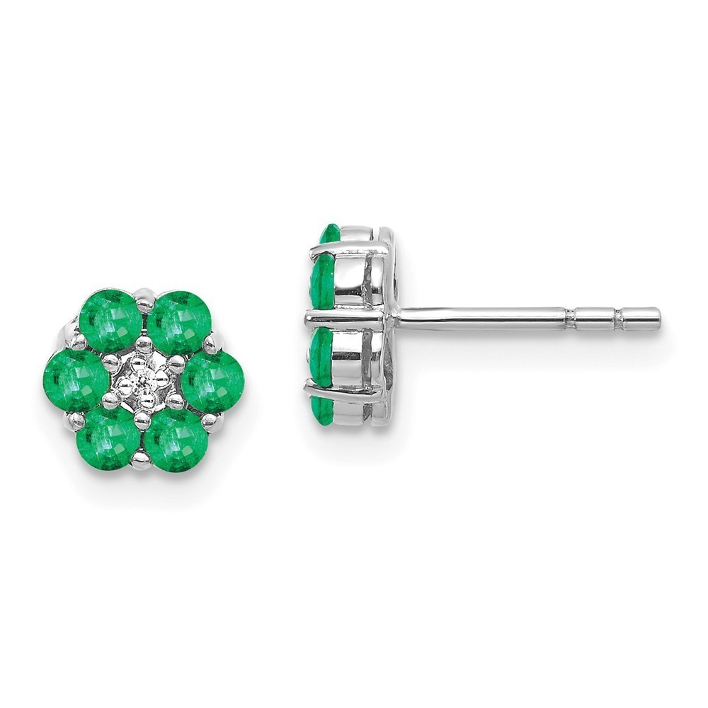 Million Charms 14k White Gold Polished Green Emerald and Diamond Post Earrings